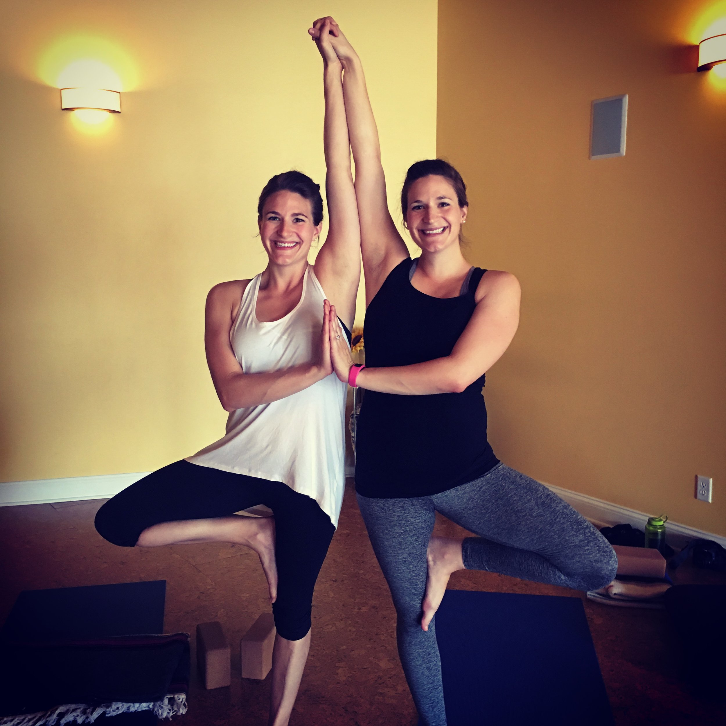 Lauren helped me stay active throughout pregnancy as we love going to yoga together. This is us at her bachelorette party when I was 31 weeks pregnant.&nbsp;