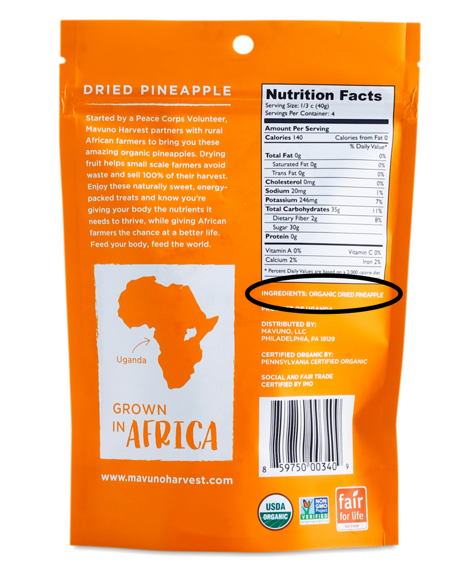 Be sure to look at the ingredient list when choosing dried fruit. You want to make sure it is just the fruit! Photo Source: Mavuno Harvest, Thrive Market