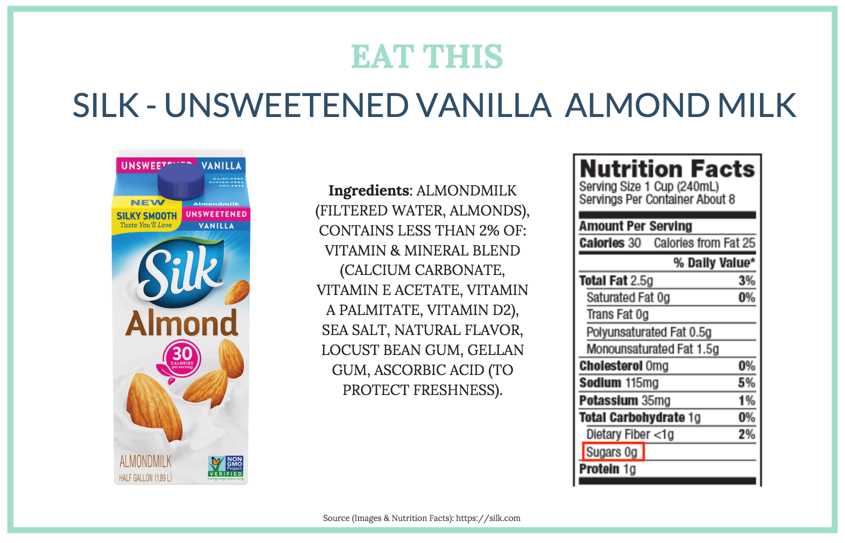 Always look for the ‘unsweetened’ option. Most people believe almond milk is sweet enough on it’s own.