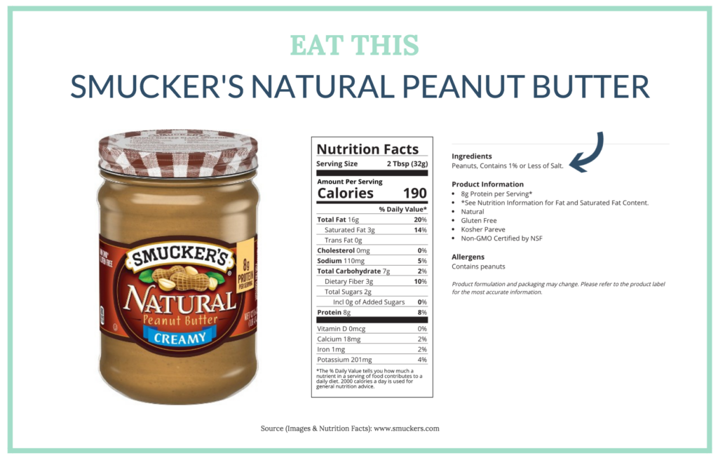 We recommend eating a brand like Smucker’s Natural peanut butter since it doesn’t have any added oil (or added sugar!)