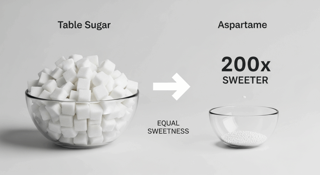 Aspartame is 200x sweeter than table sugar.
